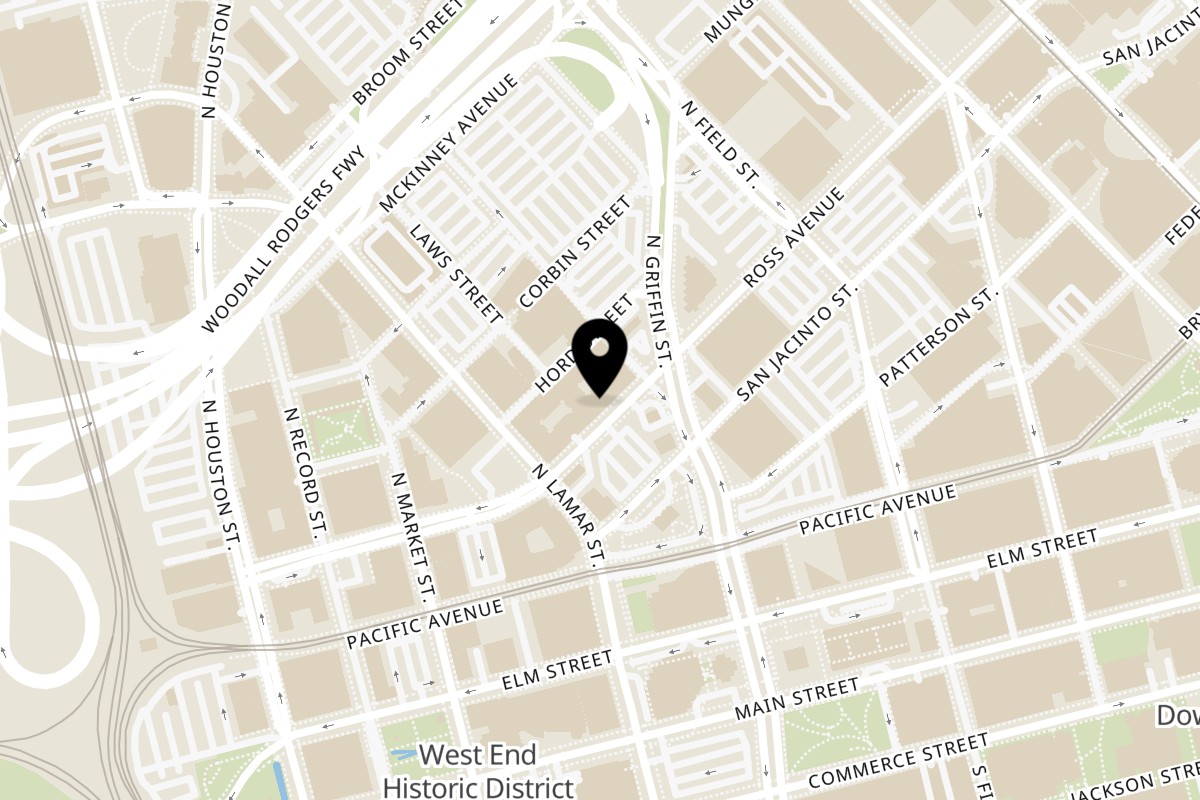 Map showing the location of Shivas Bar and Grill on 1001 Ross Ave #132 in Dallas